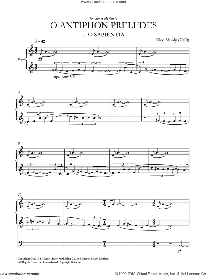 O Antiphon Preludes sheet music for organ by Nico Muhly, classical score, intermediate skill level