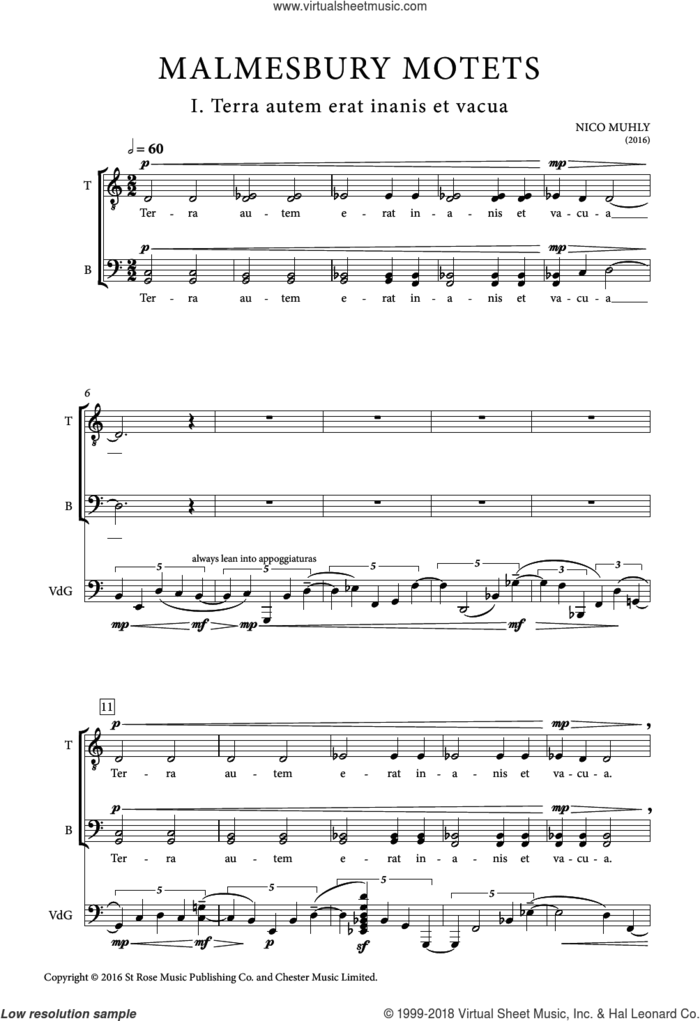 Malmesbury Motets sheet music for choir (SATB: soprano, alto, tenor, bass) by Nico Muhly, intermediate skill level