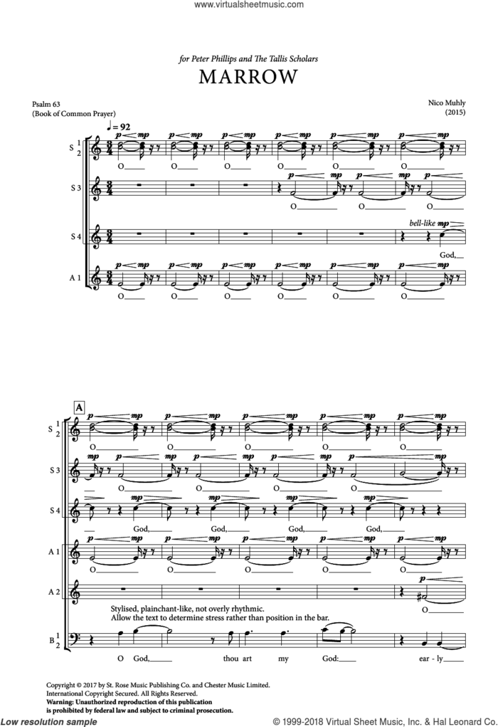 Marrow sheet music for choir (SATB: soprano, alto, tenor, bass) by Nico Muhly, intermediate skill level