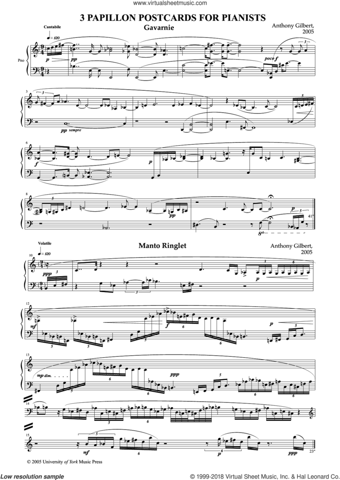 Papillon Postcards sheet music for piano solo by Anthony Gilbert, classical score, intermediate skill level
