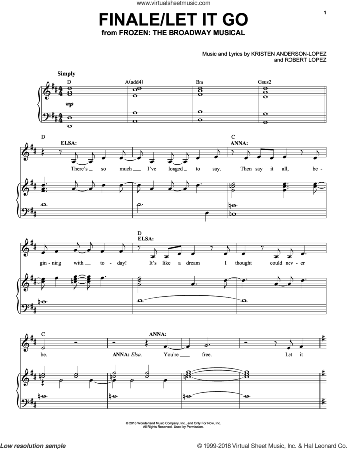 Finale / Let It Go (from Frozen: The Broadway Musical) sheet music for voice and piano by Robert Lopez, Kristen Anderson-Lopez and Kristen Anderson-Lopez & Robert Lopez, intermediate skill level