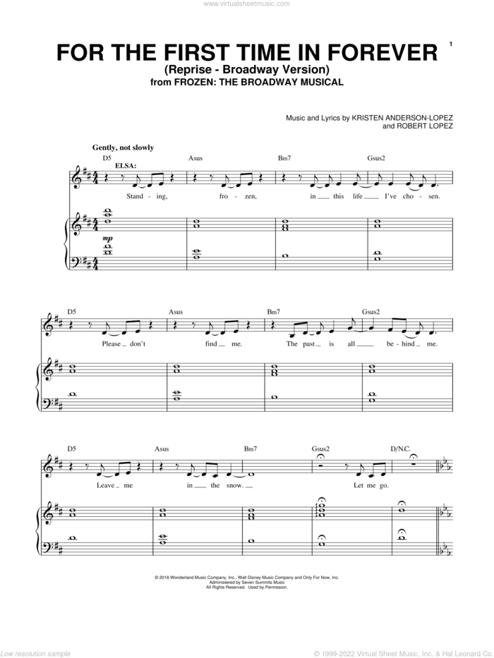 For The First Time In Forever (Reprise) (from Frozen: The Broadway Musical) sheet music for voice and piano by Robert Lopez, Kristen Anderson-Lopez and Kristen Anderson-Lopez & Robert Lopez, intermediate skill level