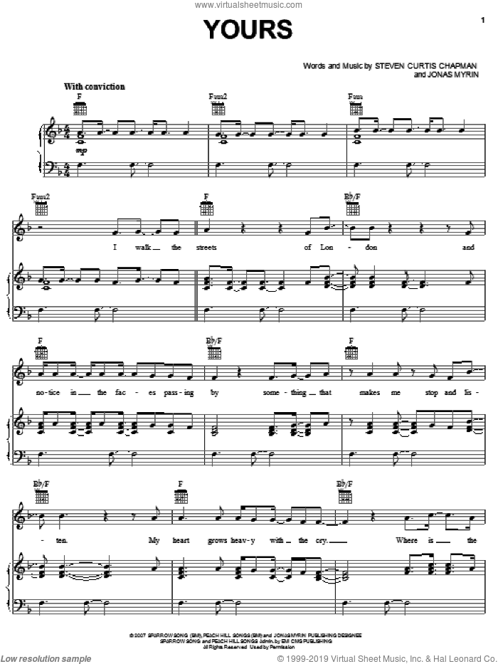 Yours sheet music for voice, piano or guitar by Steven Curtis Chapman and Jonas Myrin, intermediate skill level
