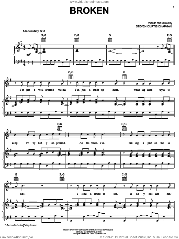 Broken sheet music for voice, piano or guitar by Steven Curtis Chapman, intermediate skill level