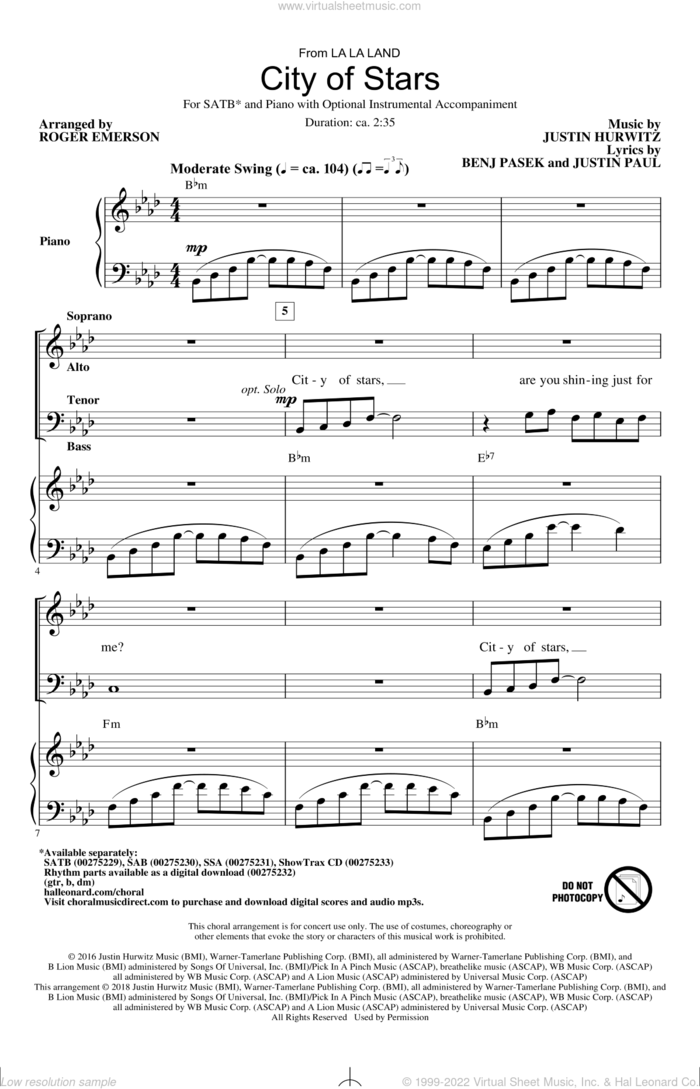 City Of Stars (arr. Roger Emerson) sheet music for choir (SATB: soprano, alto, tenor, bass) by Justin Hurwitz, Roger Emerson, Benj Pasek and Justin Paul, intermediate skill level