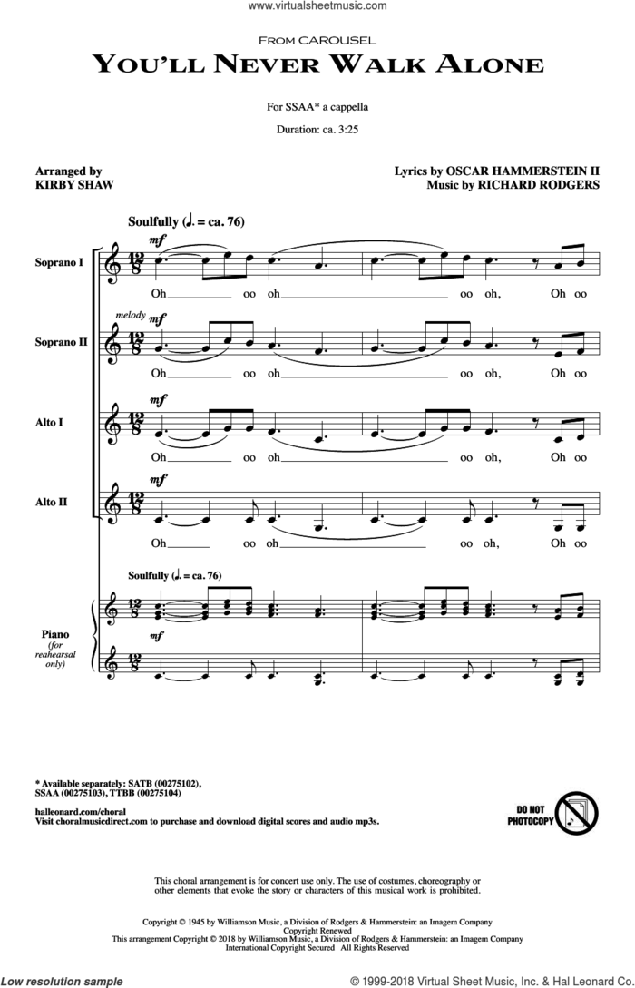 You'll Never Walk Alone sheet music for choir (SSA: soprano, alto) by Richard Rodgers, Kirby Shaw and Oscar II Hammerstein, intermediate skill level
