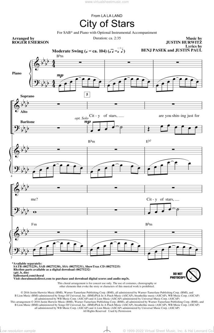 City Of Stars (arr. Roger Emerson) sheet music for choir (SAB: soprano, alto, bass) by Justin Hurwitz, Roger Emerson, Benj Pasek and Justin Paul, intermediate skill level