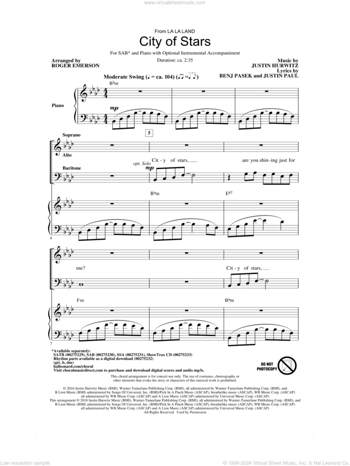 City Of Stars (arr. Roger Emerson) sheet music for choir (SAB: soprano, alto, bass) by Justin Hurwitz, Roger Emerson, Benj Pasek and Justin Paul, intermediate skill level