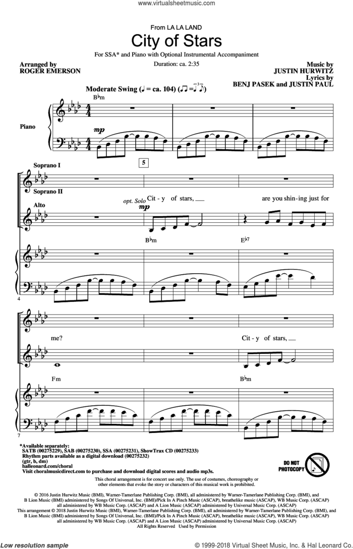 City Of Stars (arr. Roger Emerson) sheet music for choir (SSA: soprano, alto) by Justin Hurwitz, Roger Emerson, Benj Pasek and Justin Paul, intermediate skill level