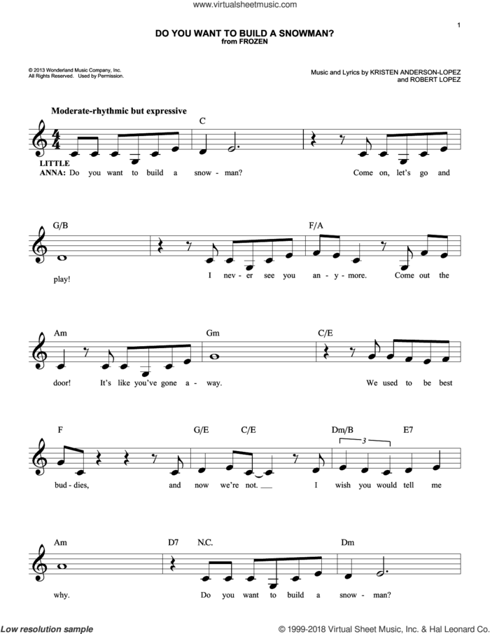Do You Want To Build A Snowman? (from Frozen) sheet music for voice and other instruments (fake book) by Kristen Bell, Agatha Lee Monn & Katie Lopez, Kristen Anderson-Lopez and Robert Lopez, easy skill level