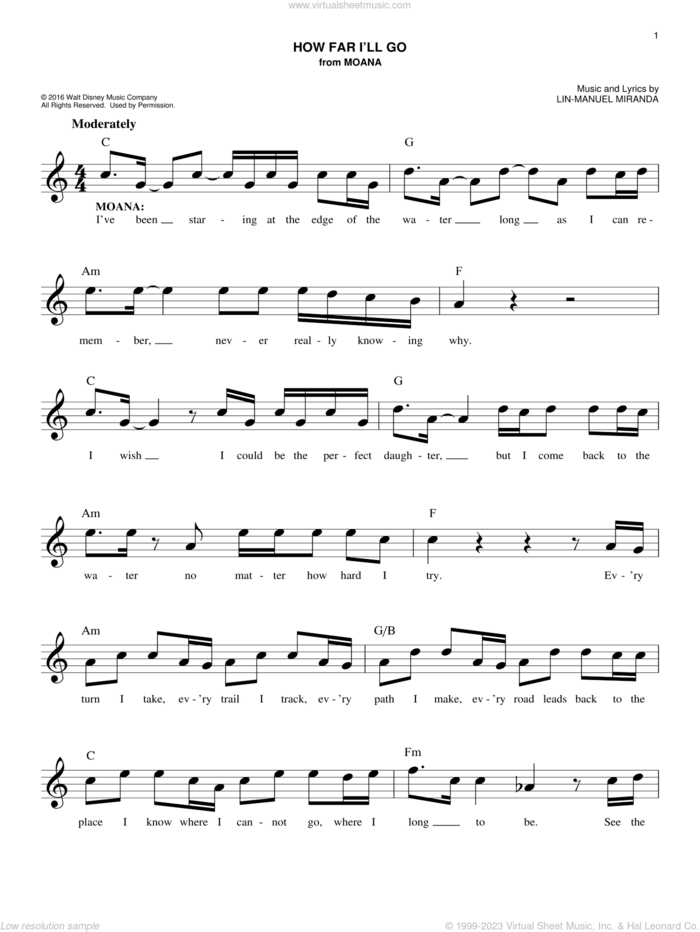 How Far I'll Go (from Moana) sheet music for voice and other instruments (fake book) by Alessia Cara and Lin-Manuel Miranda, intermediate skill level