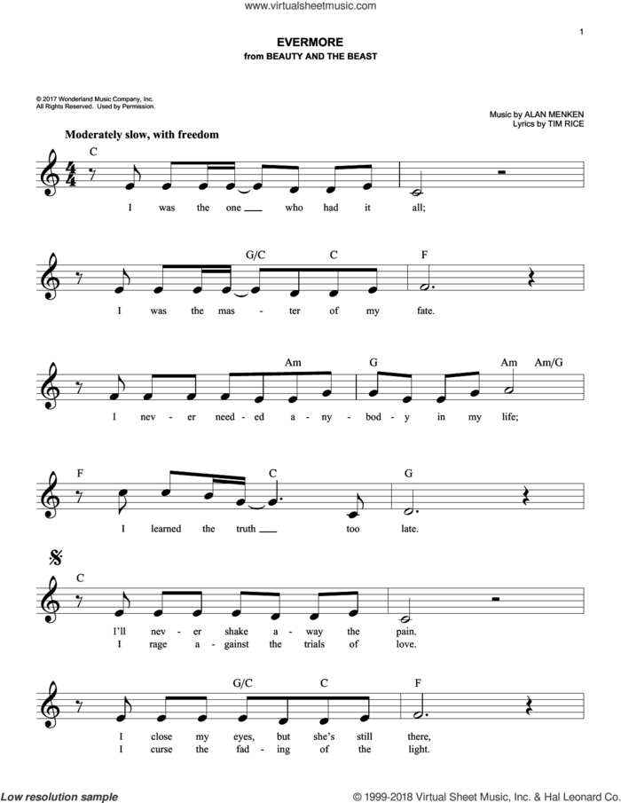 Evermore (from Beauty And The Beast) sheet music for voice and other instruments (fake book) by Josh Groban, Alan Menken and Tim Rice, easy skill level