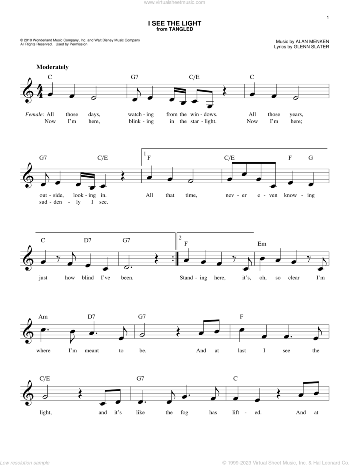 I See The Light (from Tangled) sheet music for voice and other instruments (fake book) by Alan Menken and Glenn Slater, easy skill level