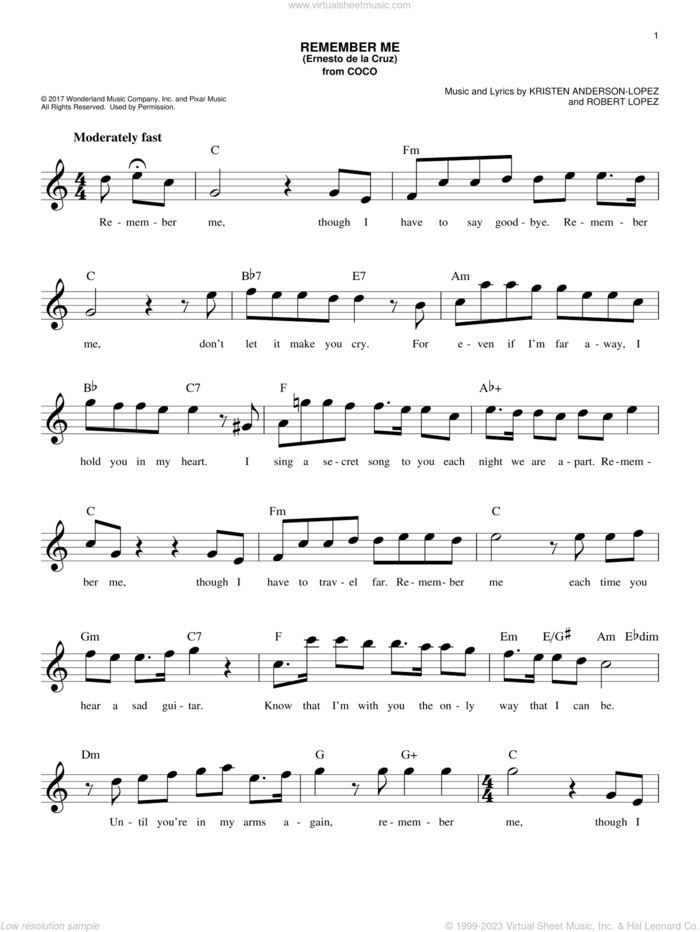 Remember Me (Ernesto de la Cruz) (from Coco) sheet music for voice and other instruments (fake book) by Kristen Anderson-Lopez & Robert Lopez, Kristen Anderson-Lopez and Robert Lopez, easy skill level