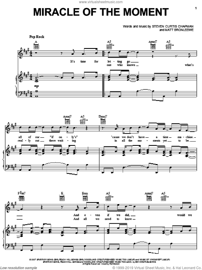 Miracle Of The Moment sheet music for voice, piano or guitar by Steven Curtis Chapman and Matt Bronleewe, intermediate skill level