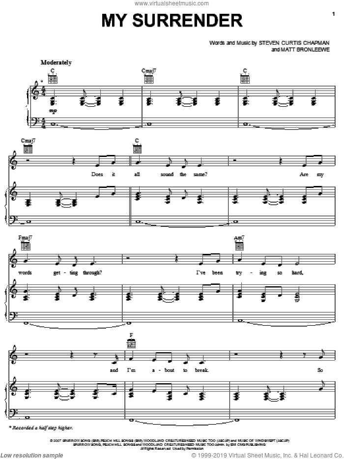 My Surrender sheet music for voice, piano or guitar by Steven Curtis Chapman and Matt Bronleewe, intermediate skill level