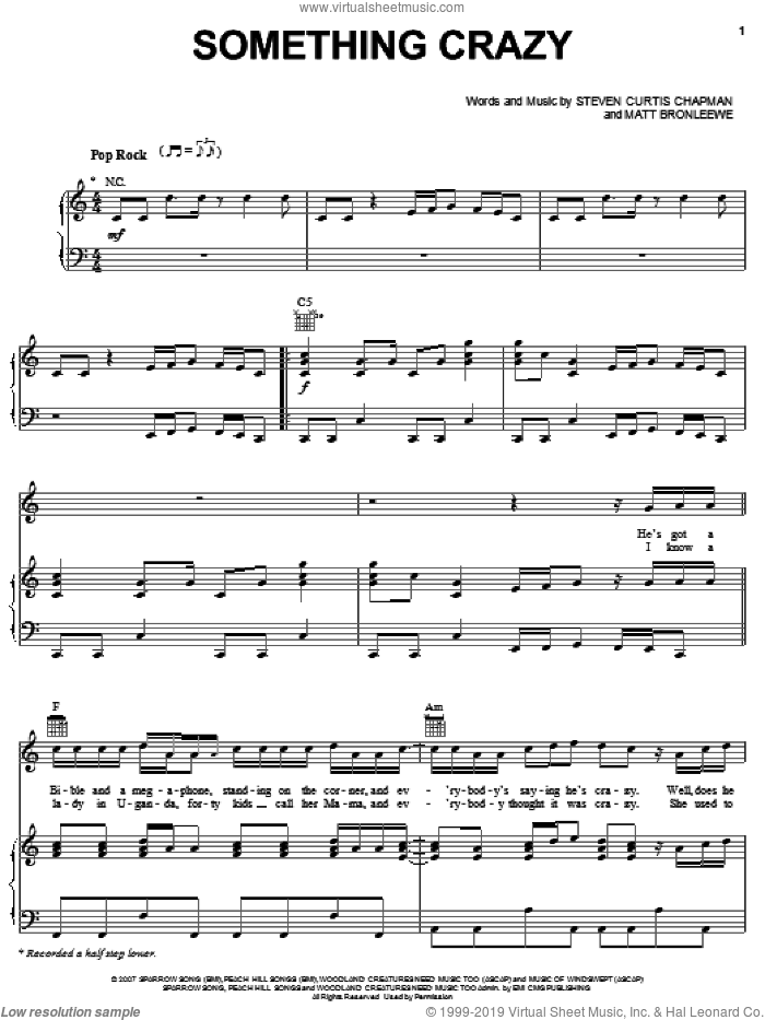 Something Crazy sheet music for voice, piano or guitar by Steven Curtis Chapman and Matt Bronleewe, intermediate skill level