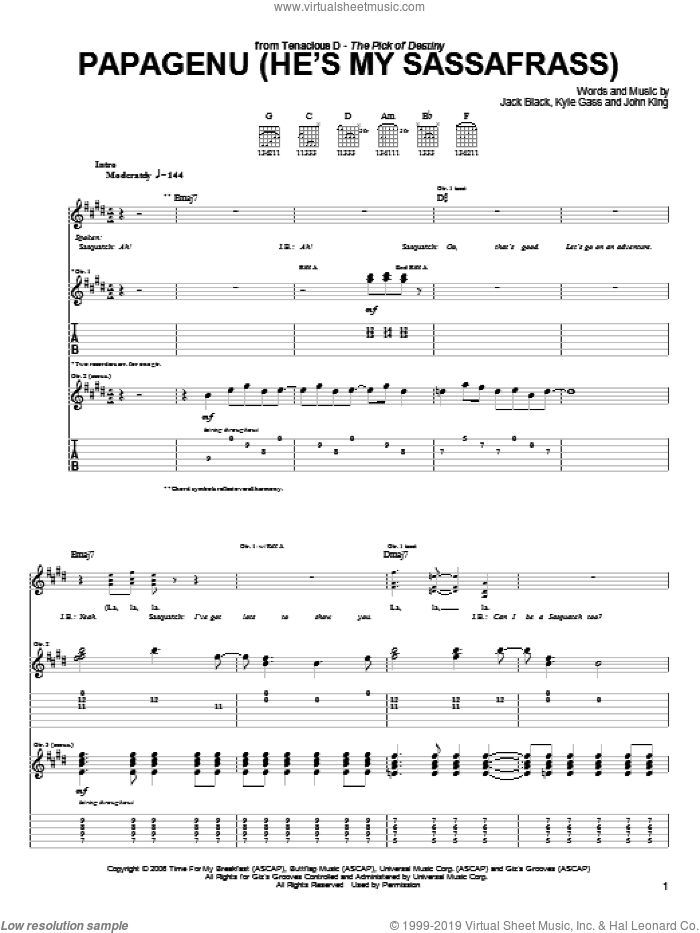 Papagenu (He's My Sassafrass) Part 1 sheet music for guitar (tablature) by Tenacious D, Pick Of Destiny, The (Movie), Jack Black, John King and Kyle Gass, intermediate skill level