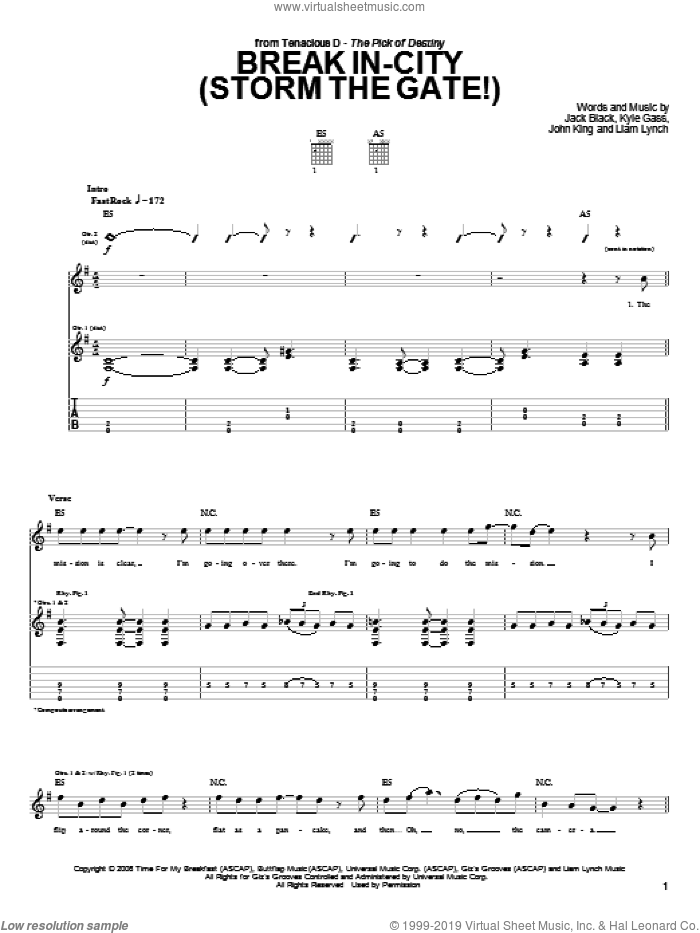 Break In-City (Storm The Gate!) sheet music for guitar (tablature) by Tenacious D, Pick Of Destiny, The (Movie), Jack Black, John King, Kyle Gass and Liam Lynch, intermediate skill level
