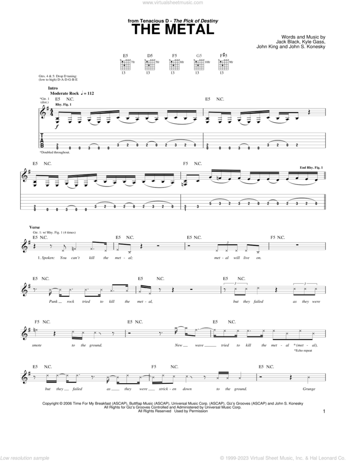 The Metal sheet music for guitar (tablature) by Tenacious D, Pick Of Destiny, The (Movie), Jack Black, John King, John S. Konesky and Kyle Gass, intermediate skill level