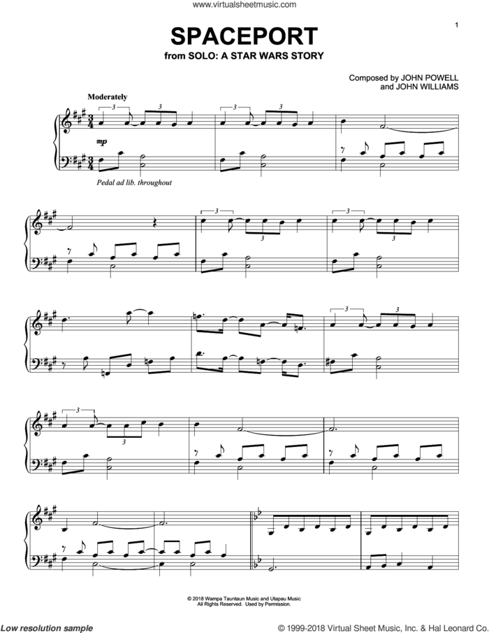 Spaceport sheet music for piano solo by John Williams and John Powell, intermediate skill level