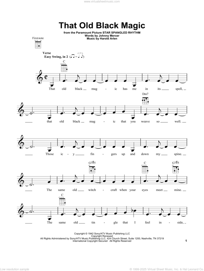 That Old Black Magic sheet music for ukulele by Johnny Mercer and Harold Arlen, intermediate skill level