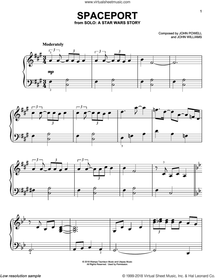 Spaceport sheet music for piano solo by John Williams and John Powell, easy skill level