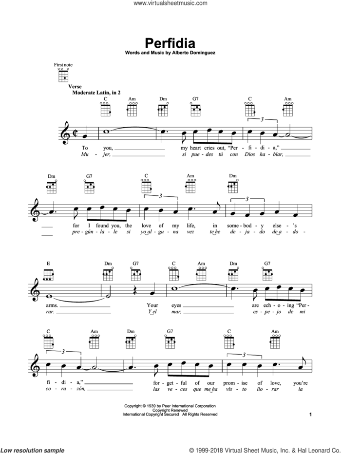 Perfidia sheet music for ukulele by The Ventures and Alberto Dominguez, intermediate skill level