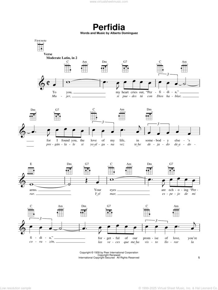 Perfidia sheet music for ukulele by The Ventures and Alberto Dominguez, intermediate skill level