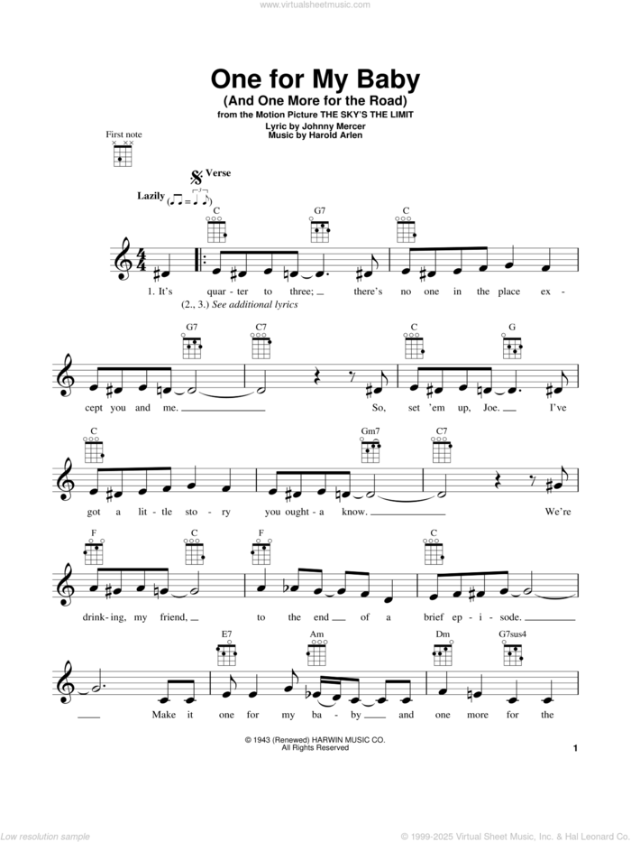 One For My Baby (And One More For The Road) sheet music for ukulele by Frank Sinatra, Harold Arlen and Johnny Mercer, intermediate skill level