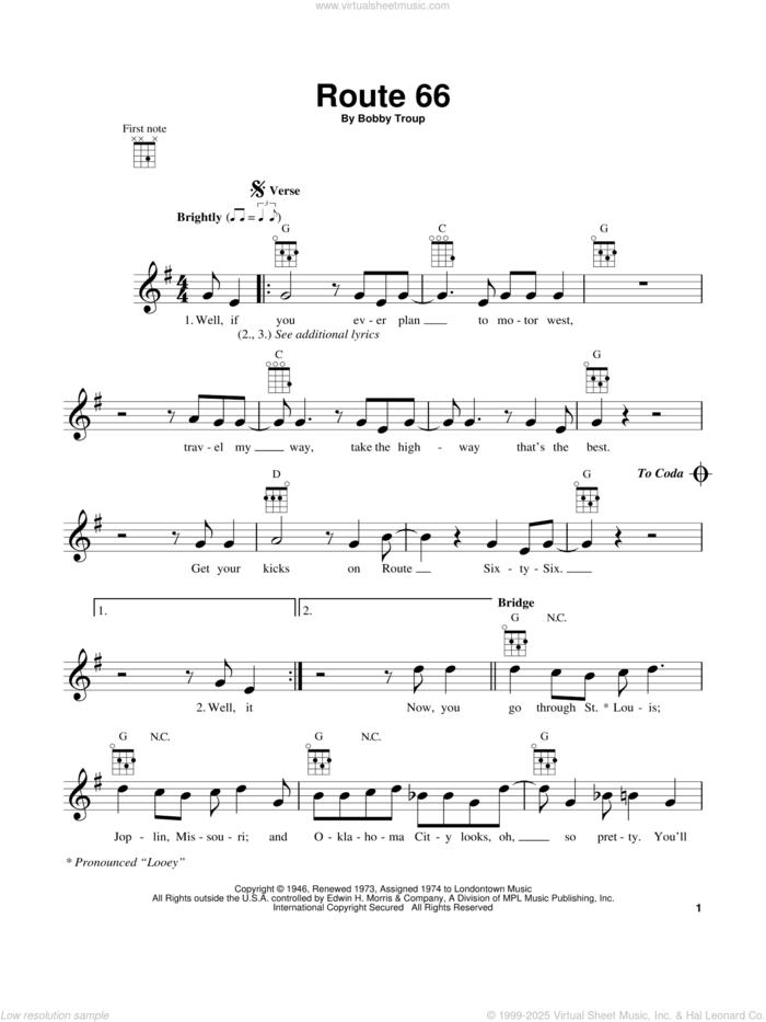 Route 66 sheet music for ukulele by Manhattan Transfer and Bobby Troup, intermediate skill level