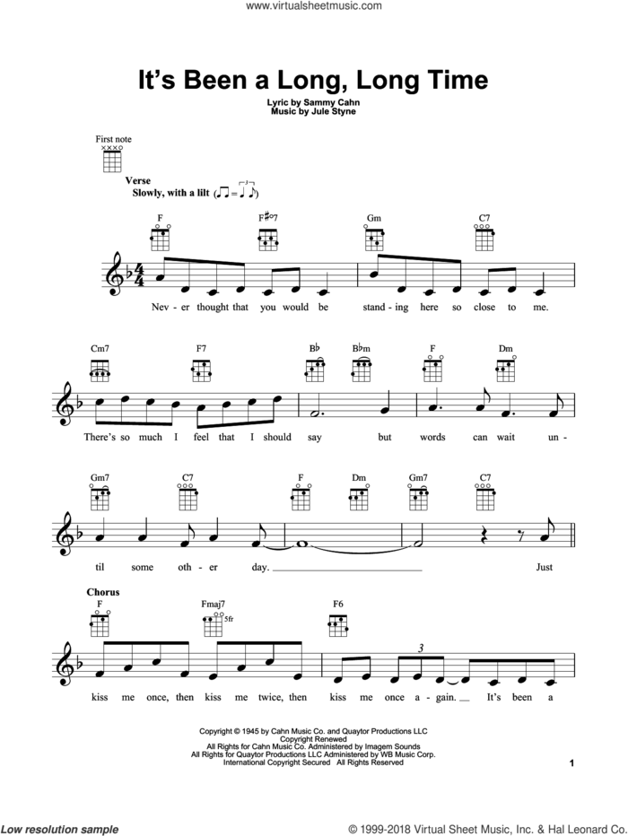 It's Been A Long, Long Time sheet music for ukulele by Sammy Cahn and Jule Styne, intermediate skill level