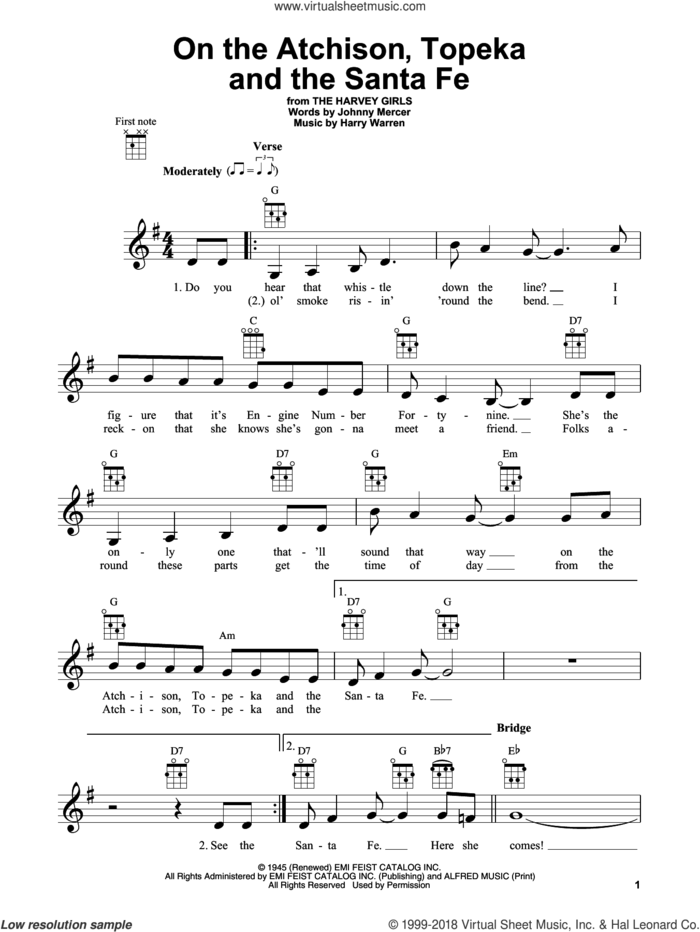 On The Atchison, Topeka And The Santa Fe sheet music for ukulele by Judy Garland, Harry Warren and Johnny Mercer, intermediate skill level