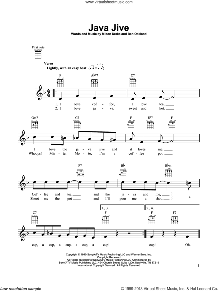 Java Jive sheet music for ukulele by Milton Drake and Ben Oakland, intermediate skill level