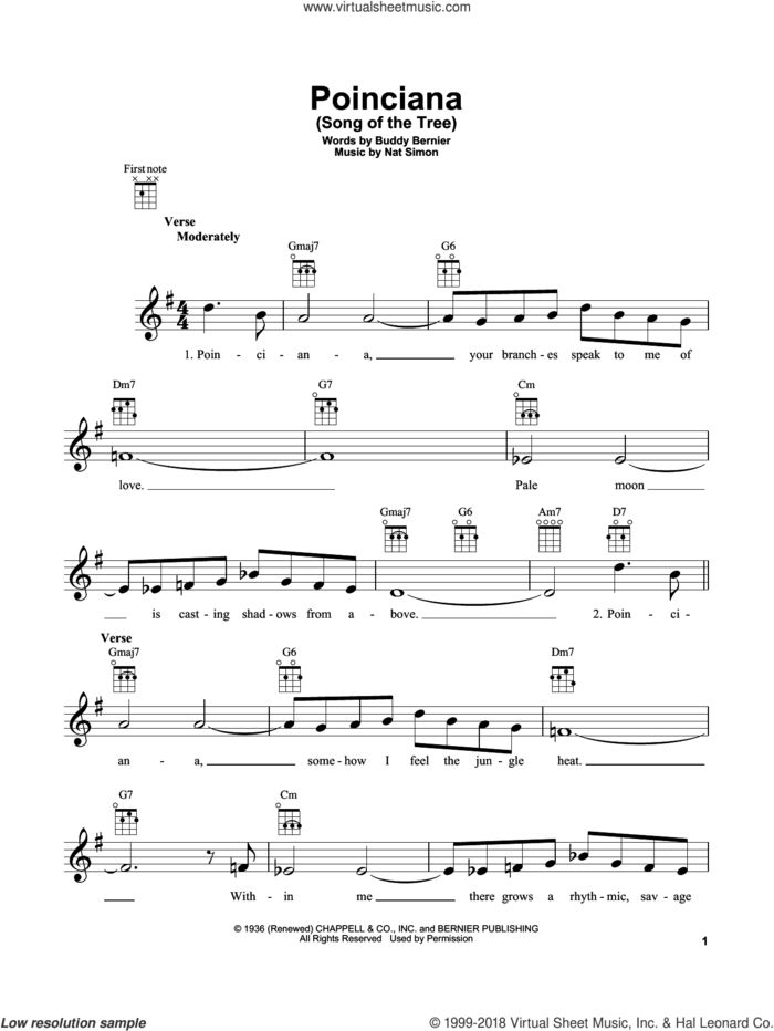 Poinciana (Song Of The Tree) sheet music for ukulele by Buddy Bernier and Nat Simon, intermediate skill level