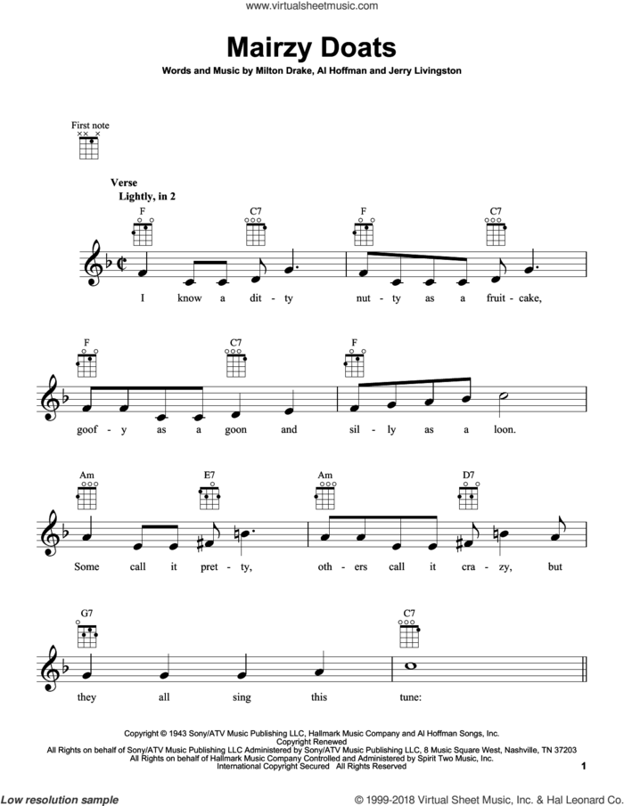 Mairzy Doats sheet music for ukulele by Merry Macs, Al Hoffman, Jerry Livingston and Milton Drake, intermediate skill level