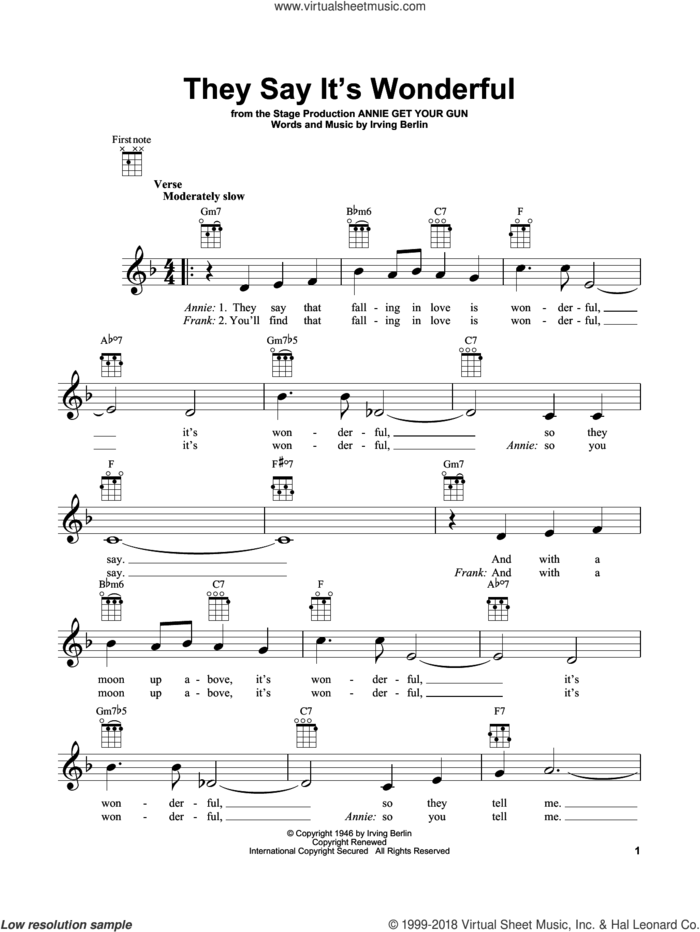 They Say It's Wonderful sheet music for ukulele by Irving Berlin, intermediate skill level