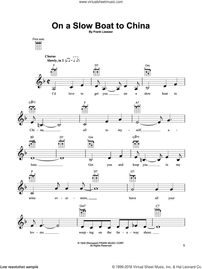 On A Slow Boat To China sheet music for ukulele by Frank Loesser, intermediate skill level