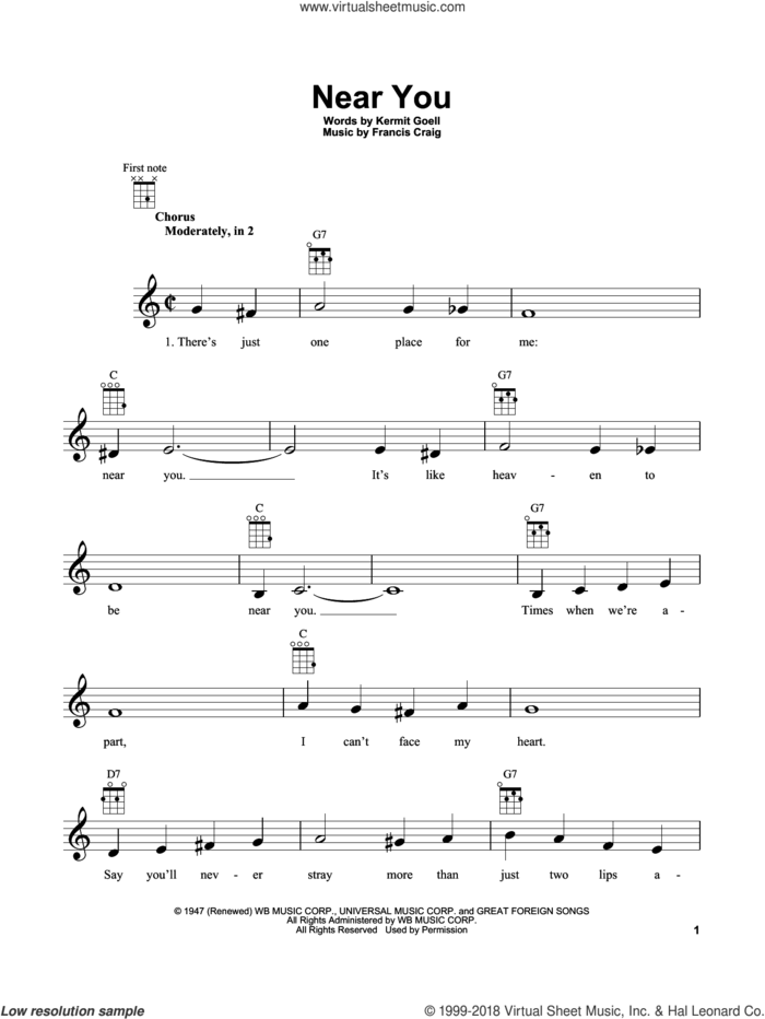 Near You sheet music for ukulele by Francis Craig and Kermit Goell, intermediate skill level