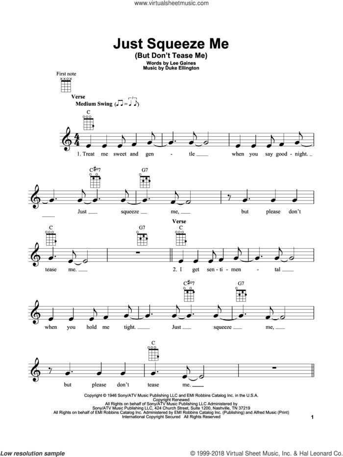 Just Squeeze Me (But Don't Tease Me) sheet music for ukulele by Duke Ellington and Lee Gaines, intermediate skill level