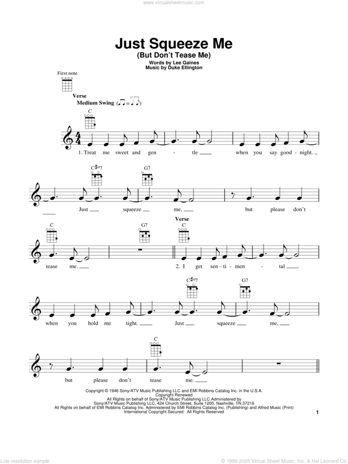 Just Squeeze Me (But Don't Tease Me) sheet music for ukulele by Duke Ellington and Lee Gaines, intermediate skill level