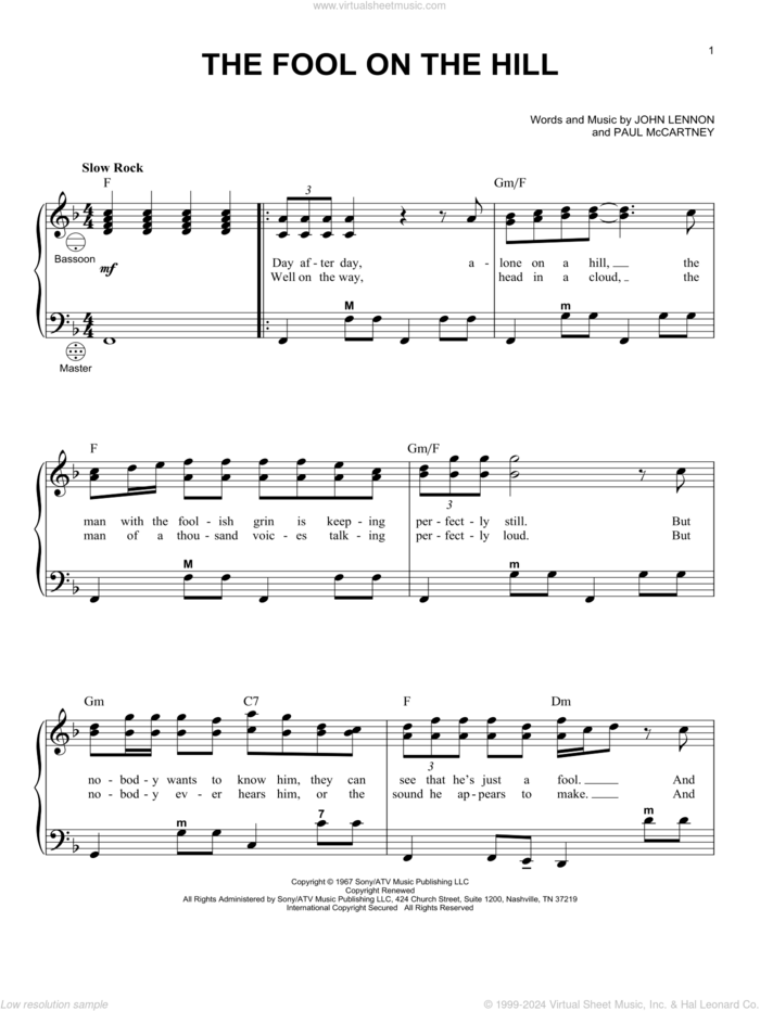 The Fool On The Hill sheet music for accordion by The Beatles, John Lennon and Paul McCartney, intermediate skill level