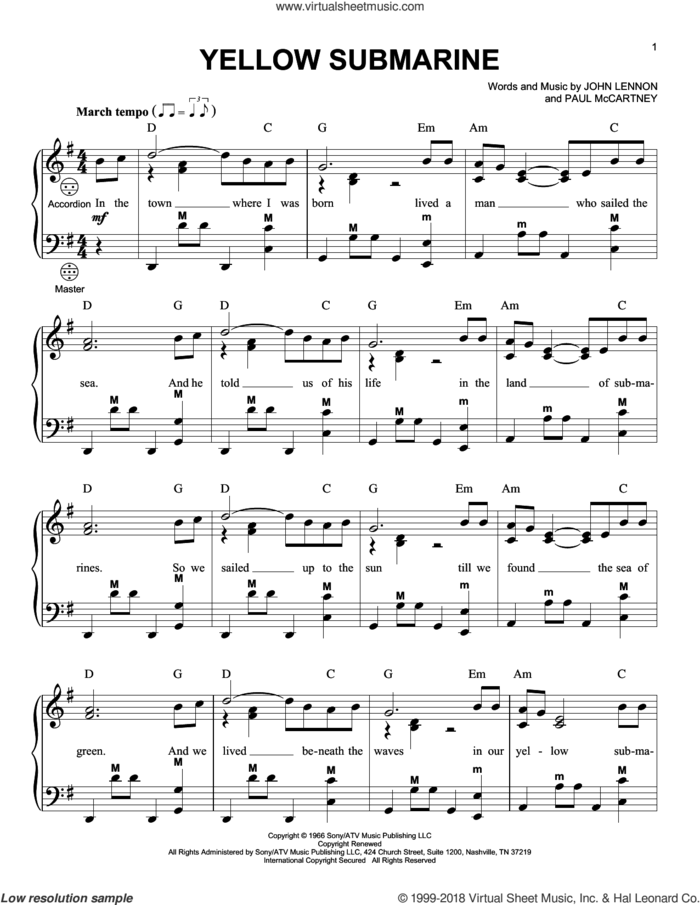 Yellow Submarine sheet music for accordion by The Beatles, John Lennon and Paul McCartney, intermediate skill level