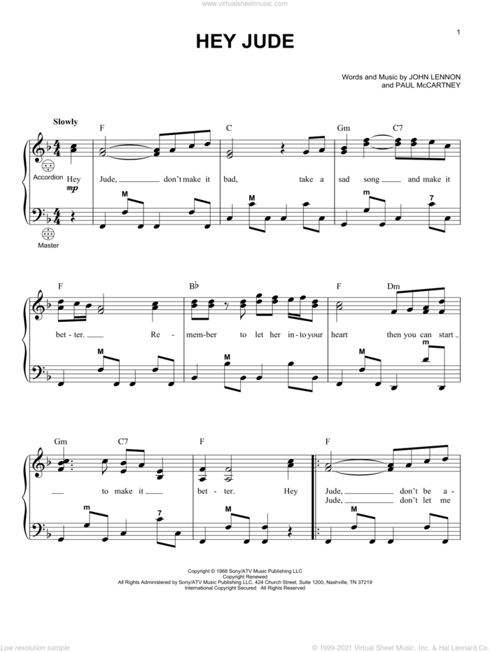 Hey Jude sheet music for accordion by The Beatles, John Lennon and Paul McCartney, intermediate skill level