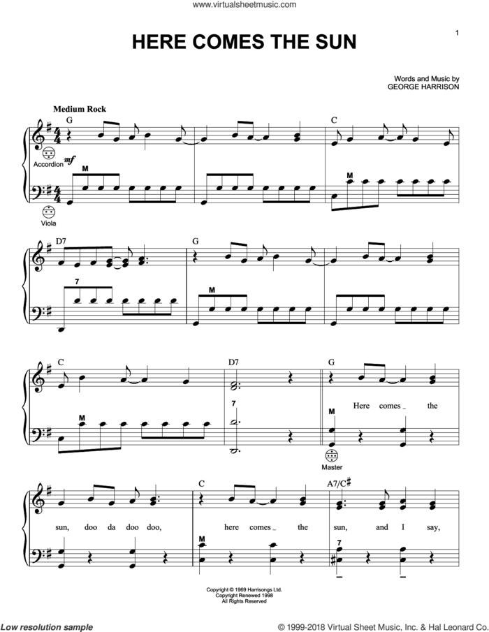 Here Comes The Sun sheet music for accordion by The Beatles and George Harrison, intermediate skill level