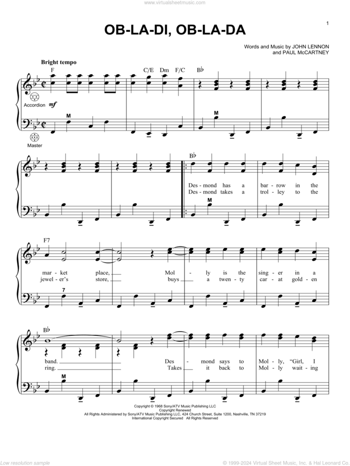 Ob-La-Di, Ob-La-Da sheet music for accordion by The Beatles, John Lennon and Paul McCartney, intermediate skill level