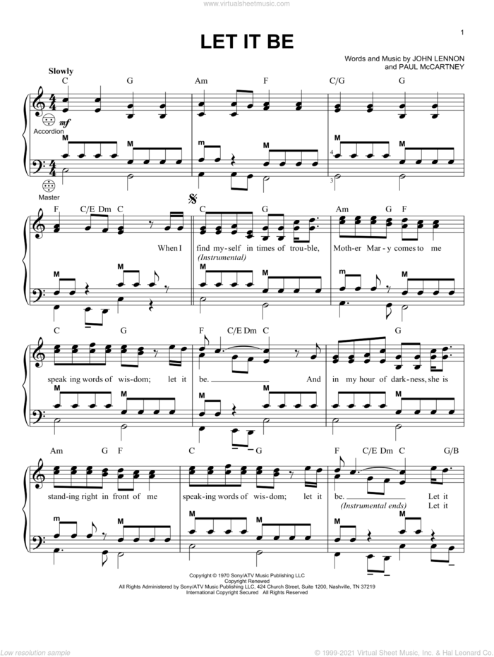 Let It Be sheet music for accordion by The Beatles, John Lennon and Paul McCartney, intermediate skill level