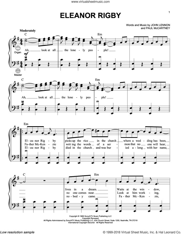 Eleanor Rigby sheet music for accordion by The Beatles, John Lennon and Paul McCartney, intermediate skill level