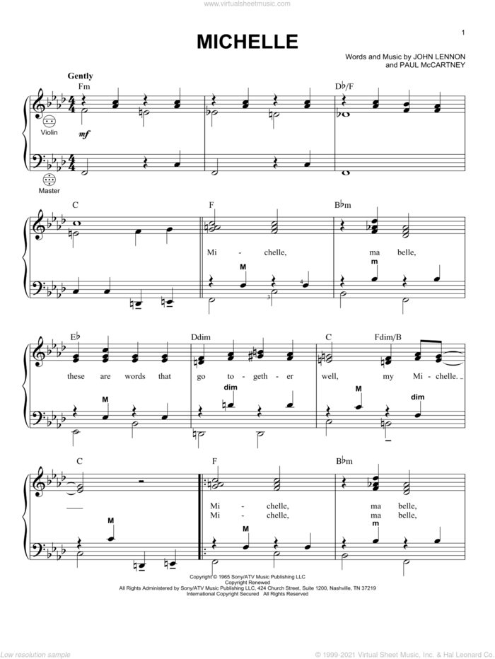 Michelle sheet music for accordion by The Beatles, John Lennon and Paul McCartney, intermediate skill level