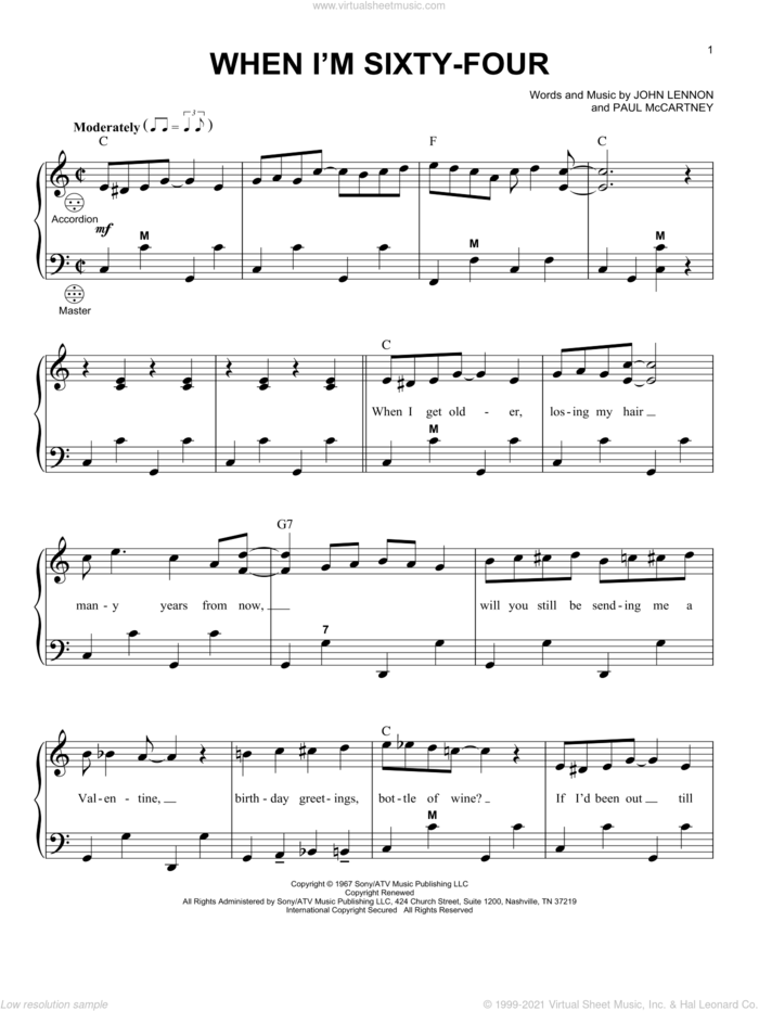 When I'm Sixty-Four sheet music for accordion by The Beatles, John Lennon and Paul McCartney, intermediate skill level
